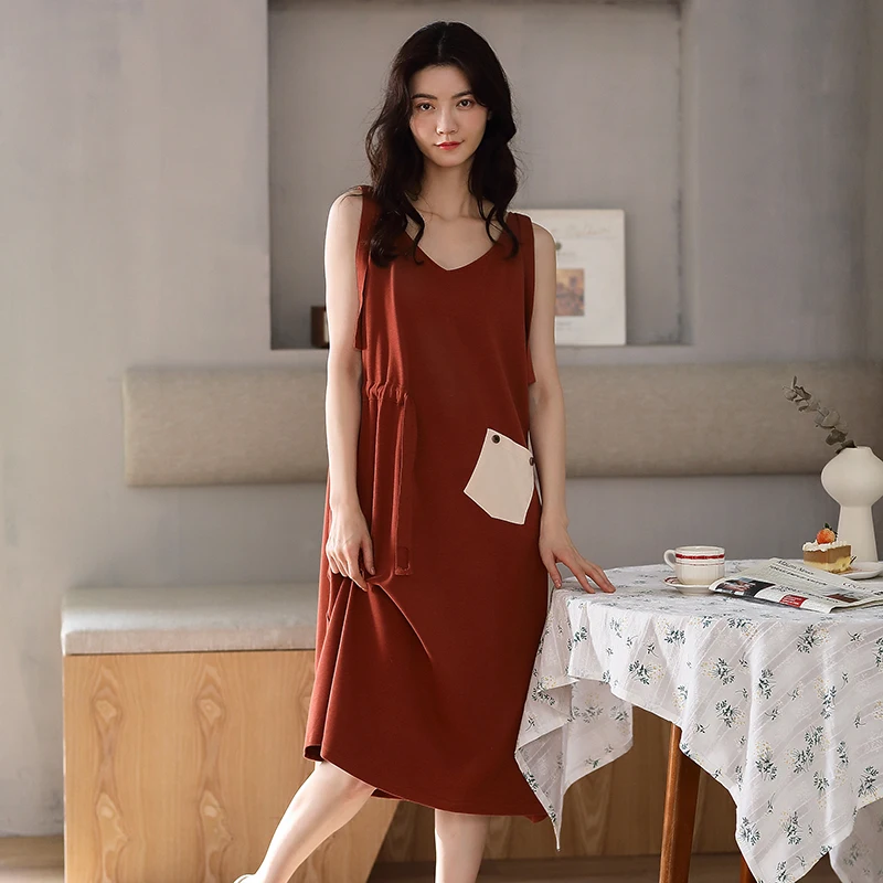 

ATUENDO Summer Solid Red Nightdress for Women 100% Cotton PJS Fashion Silk Soft Nightskirts Korean Atoff Home Satin Sleepdress