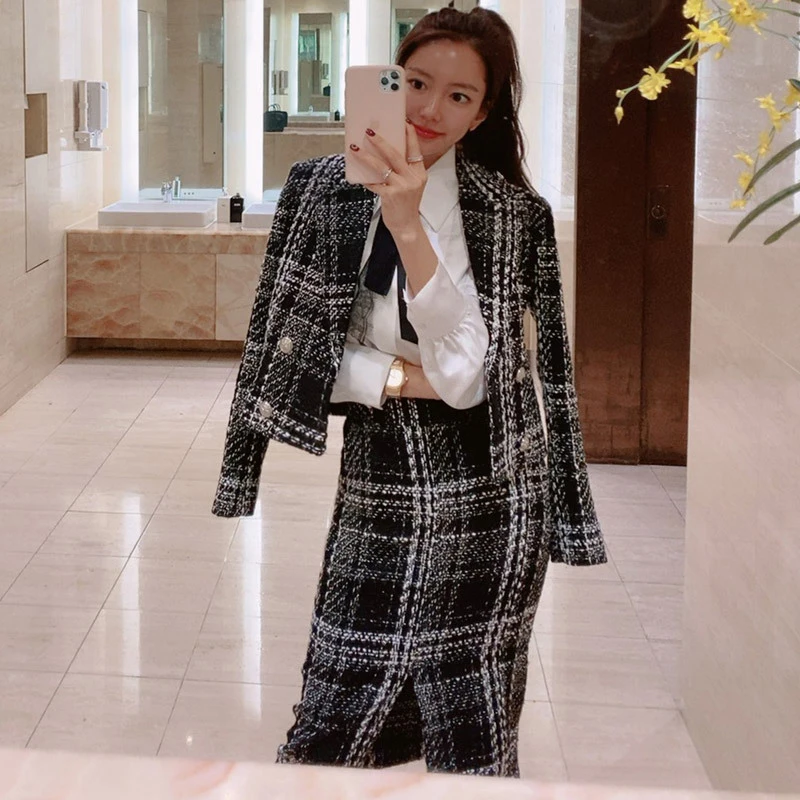 

Women Vintage Elegant Plaid Double Breasted Long Sleeve Jacket Coat Outerwear Female Package Hips High Waist Skirt 2 Pieces Set