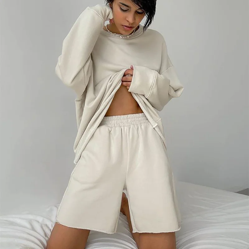 

Женский Повседневный костюм ZOVSV, комплект из 2 предметов, Топ с длинным рукавом и шорты, одежда для отдыха на осень 2021