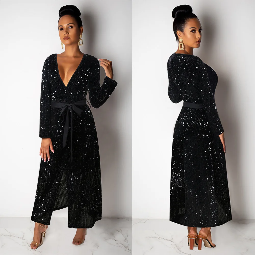 

Женское вечернее платье с поясом, черное блестящее длинное платье с глубоким V-образным вырезом и длинным рукавом, 2020