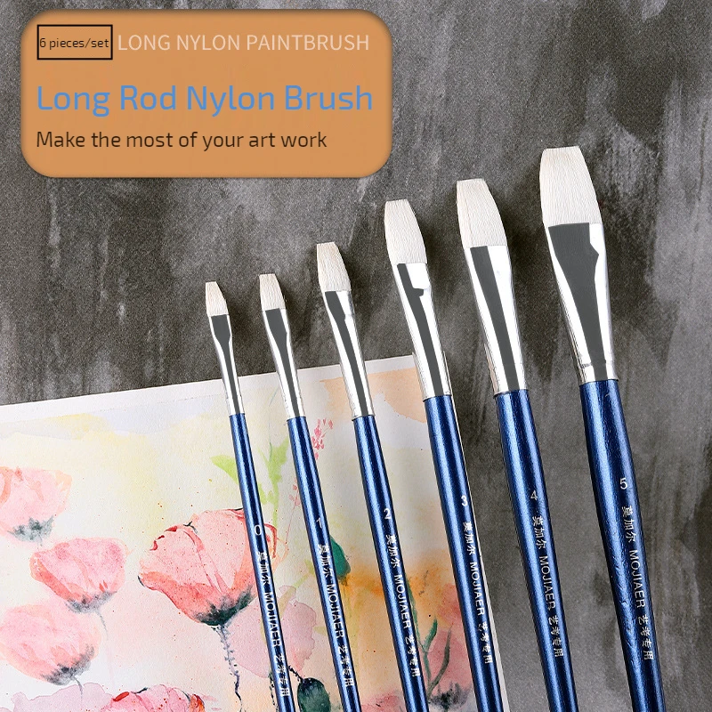 

6 Pcs set nylon/wool hair watercolor paint brush flat head gouache brushes short wood rod oil painting acrylic row pen art tool