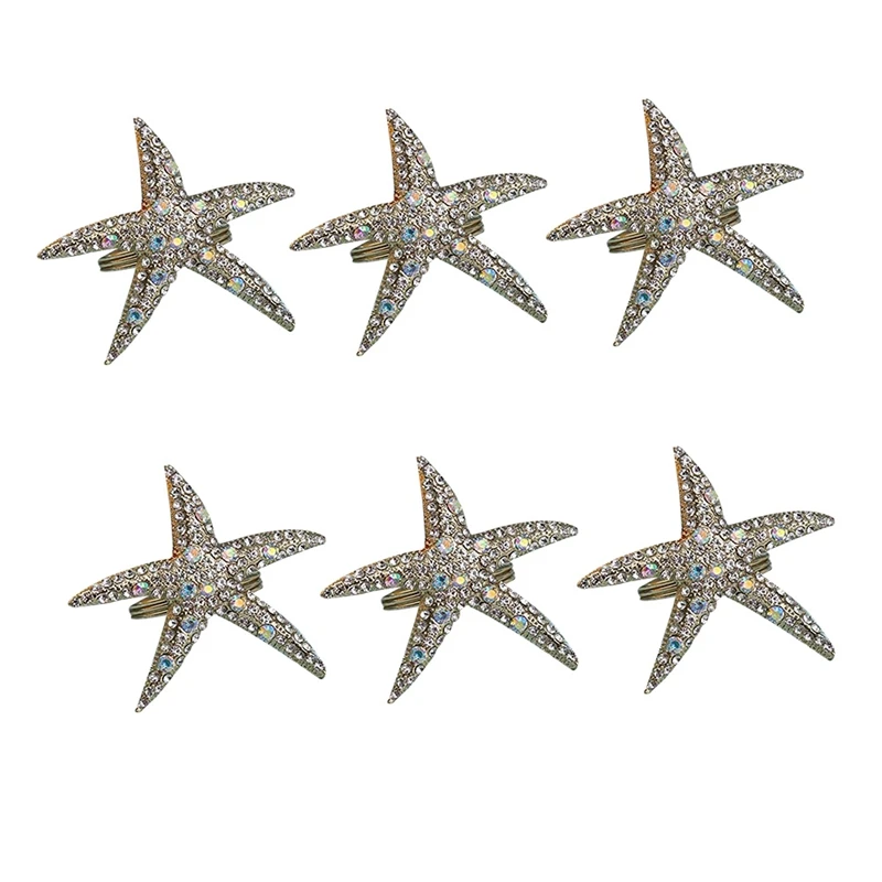 

Crystal Starfish Napkin Rings - Set of 6 Rhinestone Ocean Coastal Nautical Napkin Ring Holders Napkin Buckle for Wedding