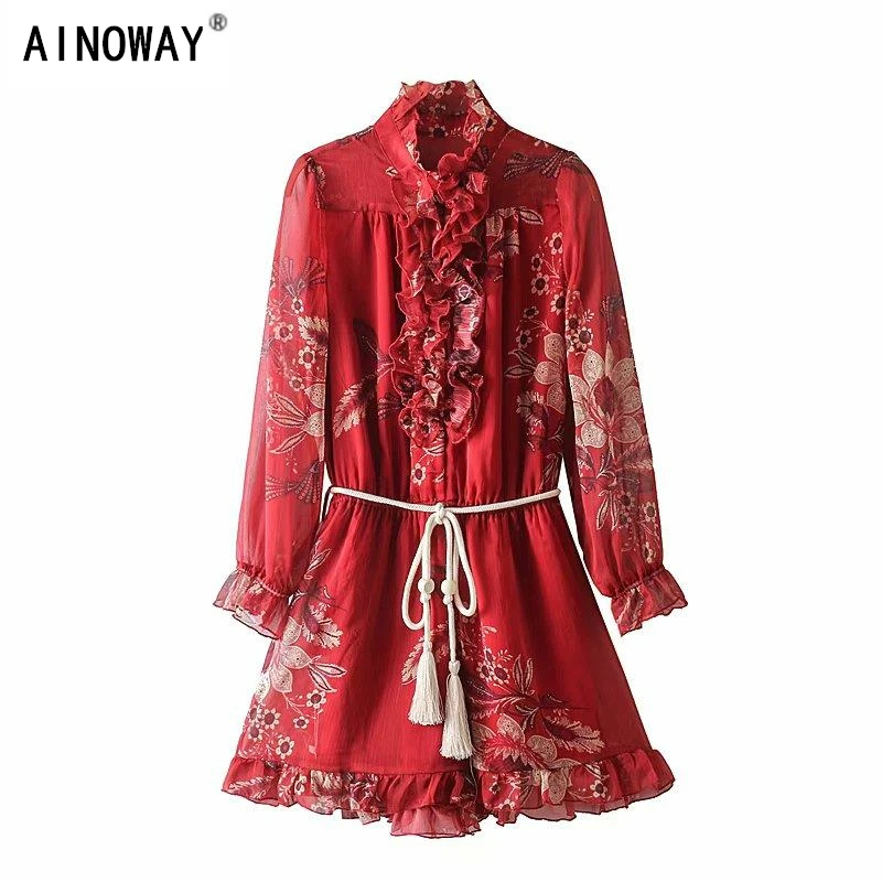 Винтажный шифоновый женский комбинезон с цветочным принтом длинным рукавом и