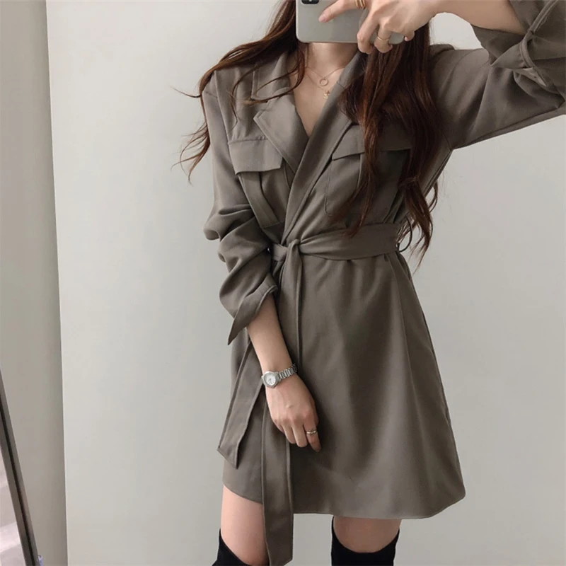 

2021estido moda faixas manga longa vestido solto chique bolso vintage feminino botão mini casual rendas