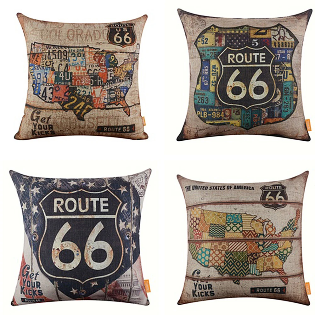 Vintage American Map Route 66 Pattern Breathable Linen Pillow Case Removable Cushion Cover Sofa Bed Car Decor | Дом и сад