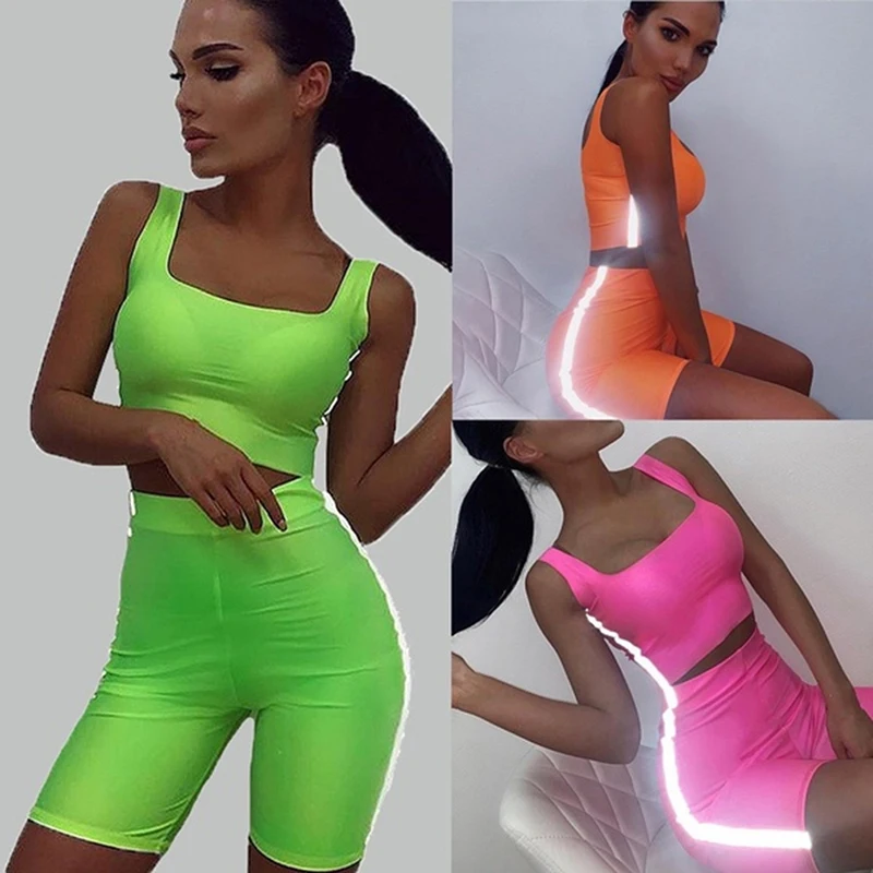 

Women Two Piece Outfits Sets Lady Summer Sleeveless Suit Reflective Top Two Piece Shorts Top+Shorts Women Set