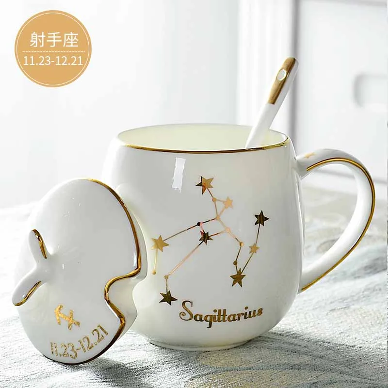 12 Constellation Mugs ceramic lid with spoon bone porcelain milk breakfast cereal couple cups birthday gift gifts 410ML | Дом и сад