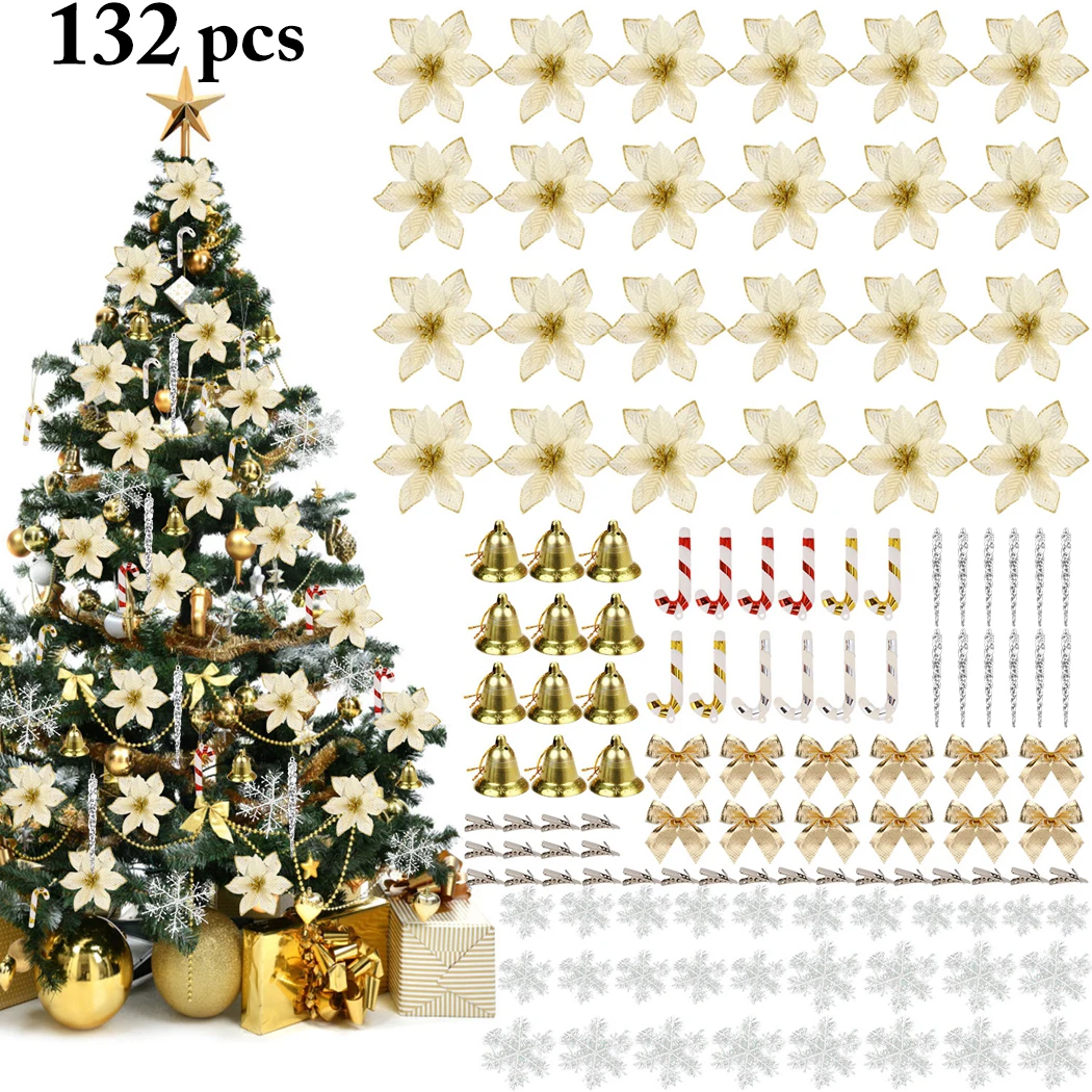 

132pcs Christmas Tree Christmas Flowers Bells Snowflakes Bow-Knot Chirstmas Ornaments Xmas Decor For Home Party Wedding New Year