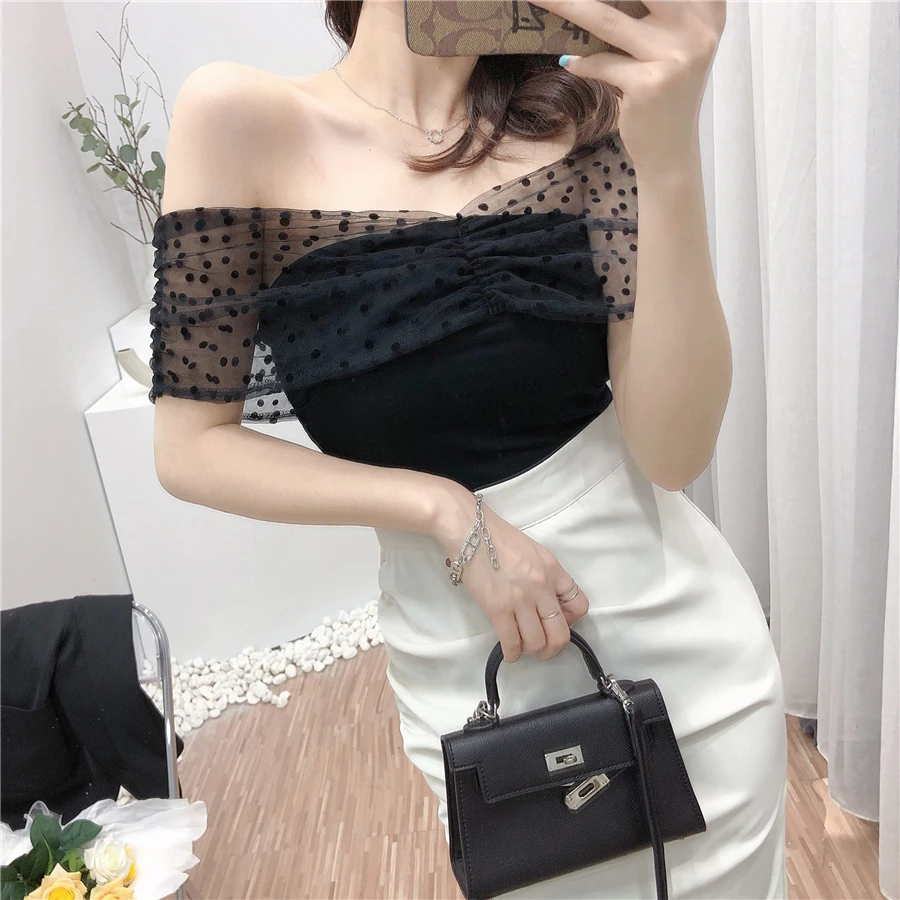 

2021 Summer Fashion Two-Piece Set Vintage Polka Dot Shirt Ladies Slash Neck Slim Top Blouse Irregular White Mid Skirt Suit Set