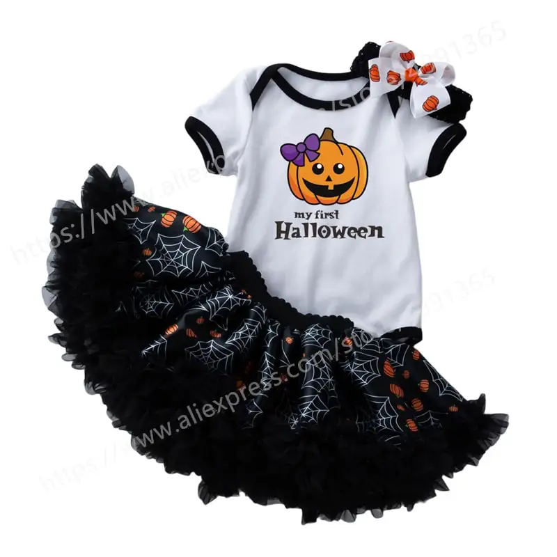 

Baby Dress First Halloween Outfit Toddler Baby Girls Clothes Rompers+Skirt+Headband Outfit