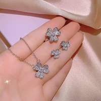925 women jewelry set fashion aaa shiny zircon flower necklace ring earring lady clover bridal jewelry women jewelry set