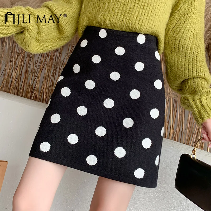 

JLI MAY Women's Polka Dot Skirts Knitting Sweet Autumn Winter A-Line High Waist Slim Mini Pencil Skirt
