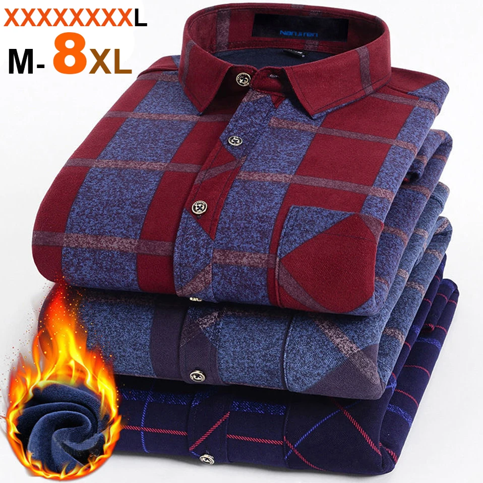 Мужская новая зимняя клетчатая теплая рубашка с длинным рукавом и подкладкой из