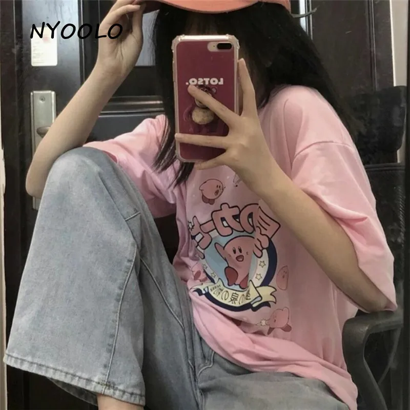 

NYOOLO Harajuku style kawaii Kirby letters print short sleeve cotton T-shirt women summer loose O-neck tee shirt girls tops