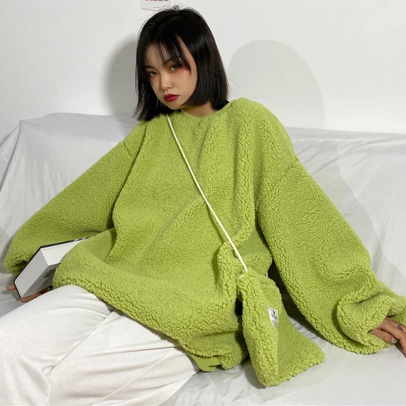 Женские толстовки в Корейском стиле свободная пушистая теплая однотонная