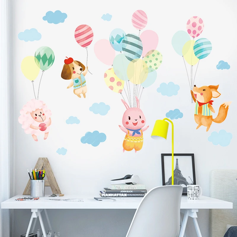 Детская комната 3D кролик с воздушным шаром настенные стикеры для домашнего декора самоклеящиеся декали с дикими животными.