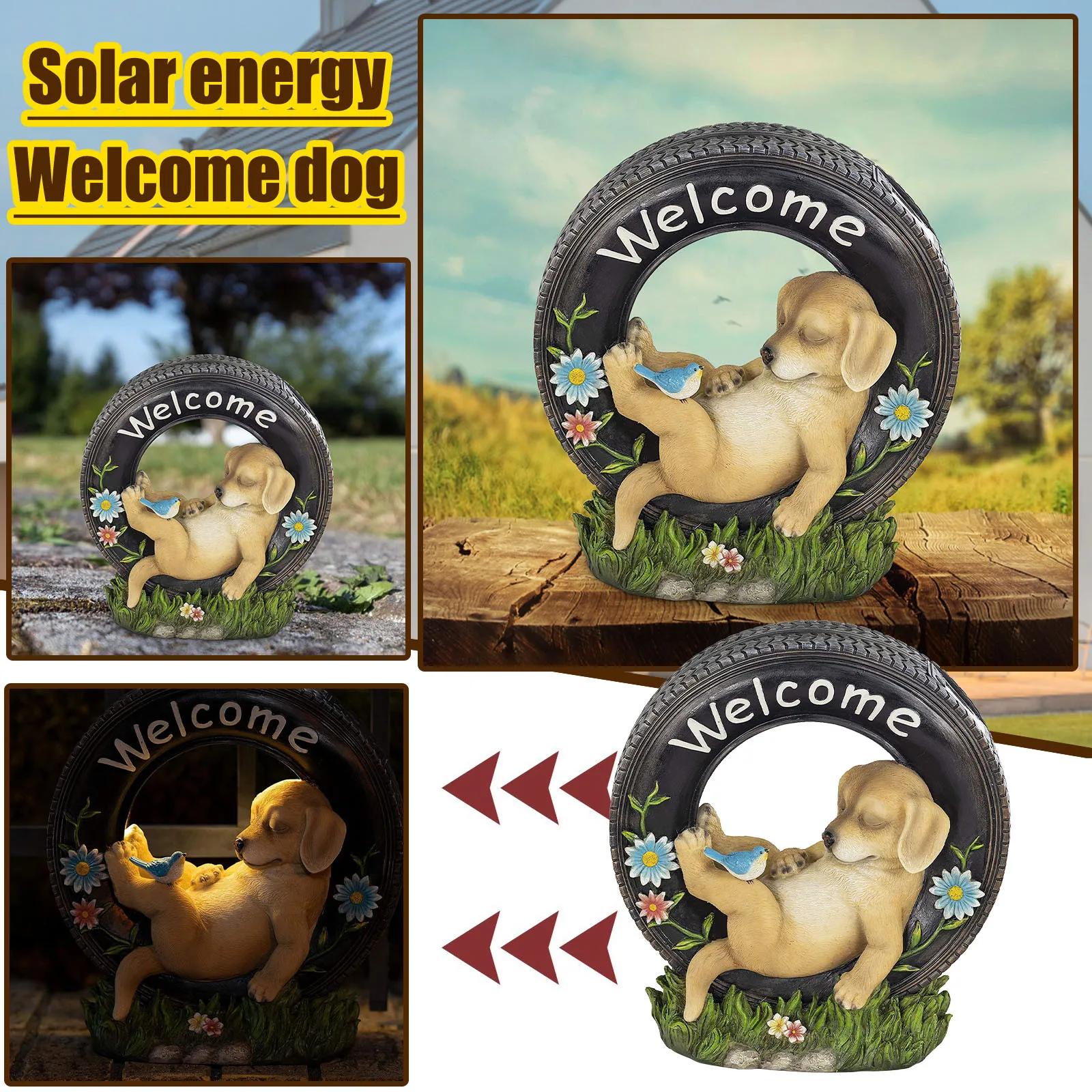 

Personalized Garden Statue Balcony Cute Puppy Decoration Solar Furnishings Ornament Led Butterfly Lamp Home Decor Sculptures