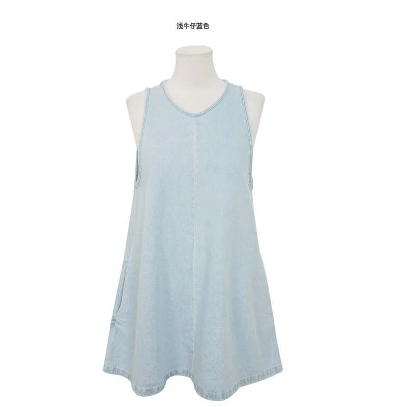 

Vintage 2021 Summer Dress Solid o-neck Loose Denim Sling Dress for Women Simple Sleeveless Mini Dresses Casual Vestido 14708