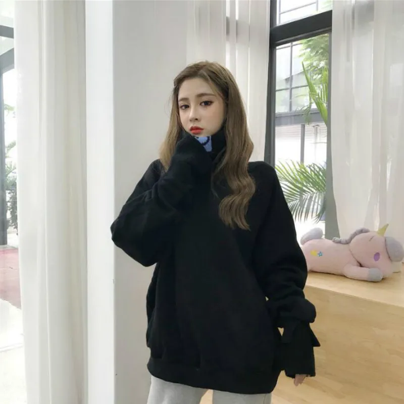 

Hoodies Women Plus Velvet Big Size High Quality Turtleneck Patchwork Ulzzang Harajuku Soft Loose Womens Sweatshirts Chic Casual
