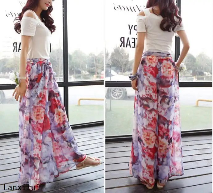 

Women's Summer Casual Retro Printed Bohemian Wide Leg Pants High Waist Wide Leg Hakama Dragging Beach Holiday Pants