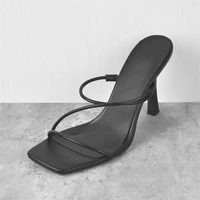 richealnana summer women black matte pu thin high heels square peep toe slip on narrow band decoration leisure daily sandals