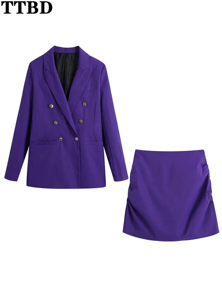 

TTBD Women fashion tailored double breasted blazer coat chic tops high waist side zipper pleated mini female skirts mujer