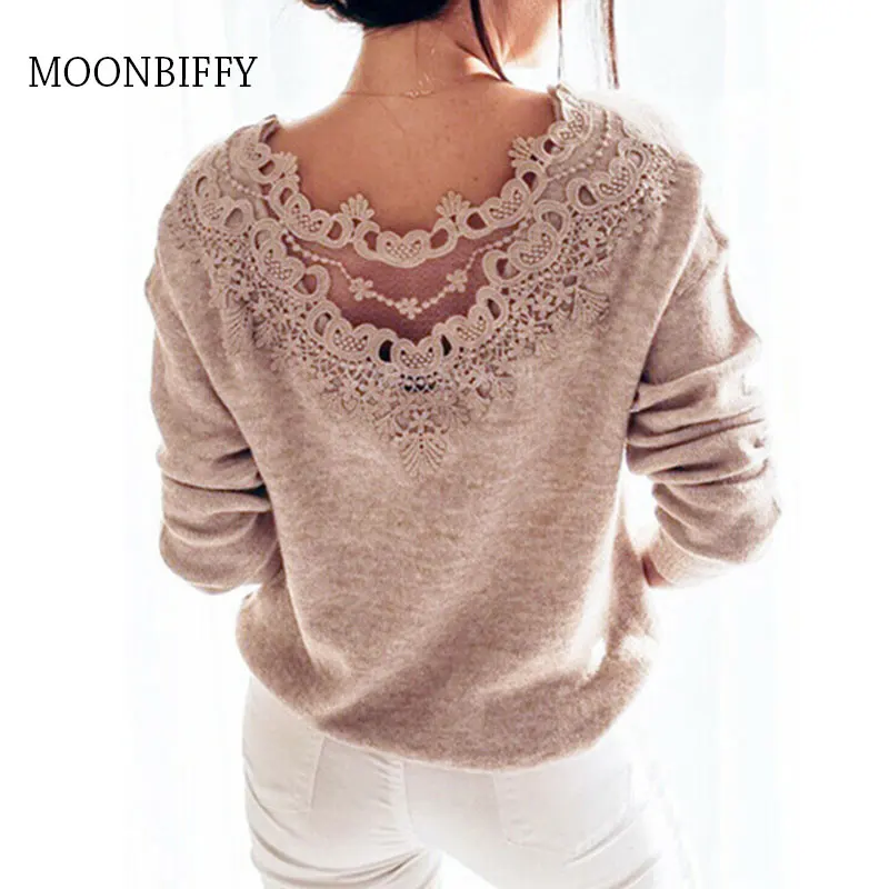 

Women's Sweaters Winter Pullover Elegant Lace Backless Long Sleeve Jumper Top Knitted Sweater Female Ladies Women's Clothes