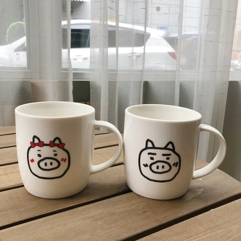 Cute Pig Pattern Ceramic Couple Coffee Mug Water Tea Milk Cup with Handgrip Drinkwares Gift for Wedding Bridal Shower