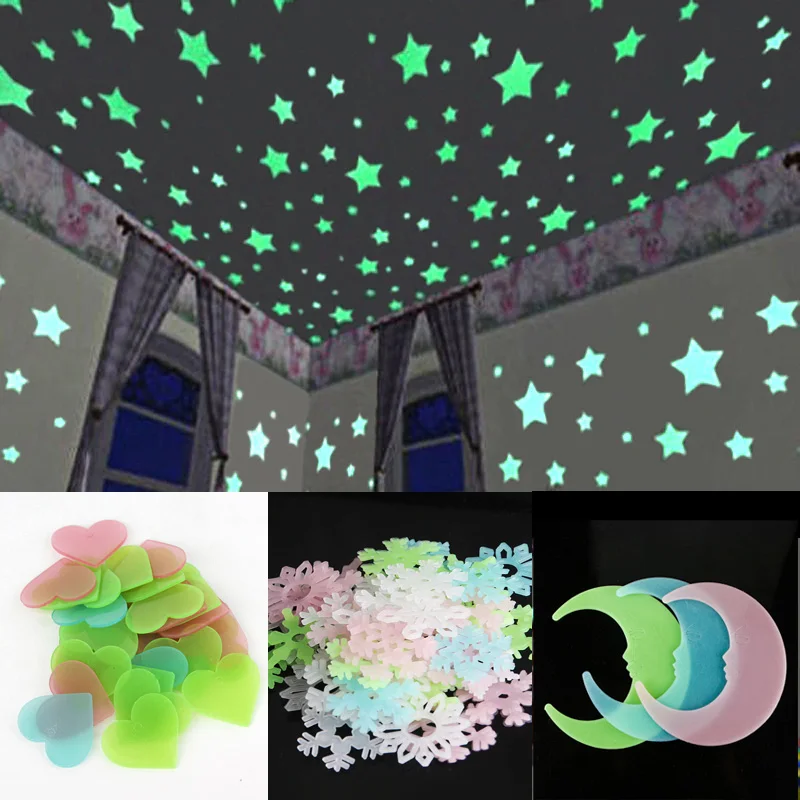 3D наклейки на стену со звездами и луной флуоресцентные светящиеся в темноте для