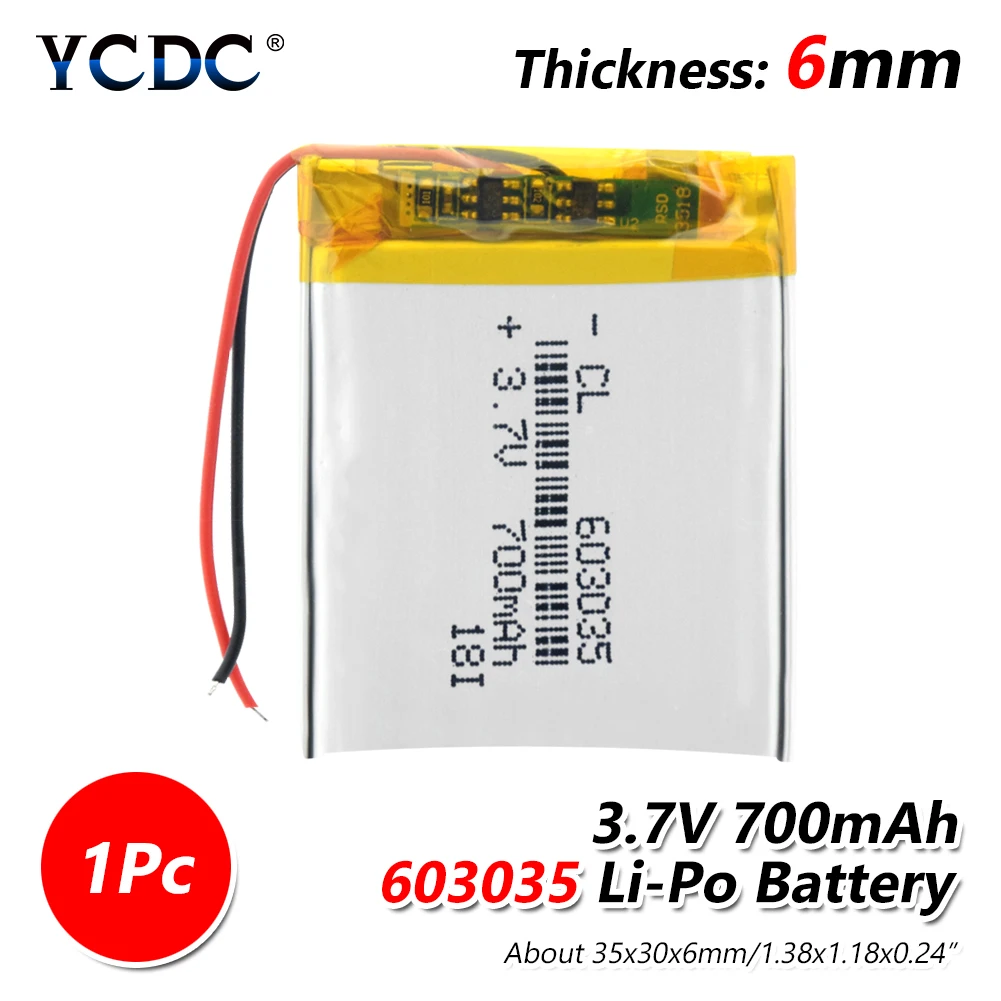 

Rechargeable Polymer battery 700 mah 3.7V 603035 smart home Li-ion battery for dvr GPS mp3 mp4 PSP Bluetooth headset Smart Watch