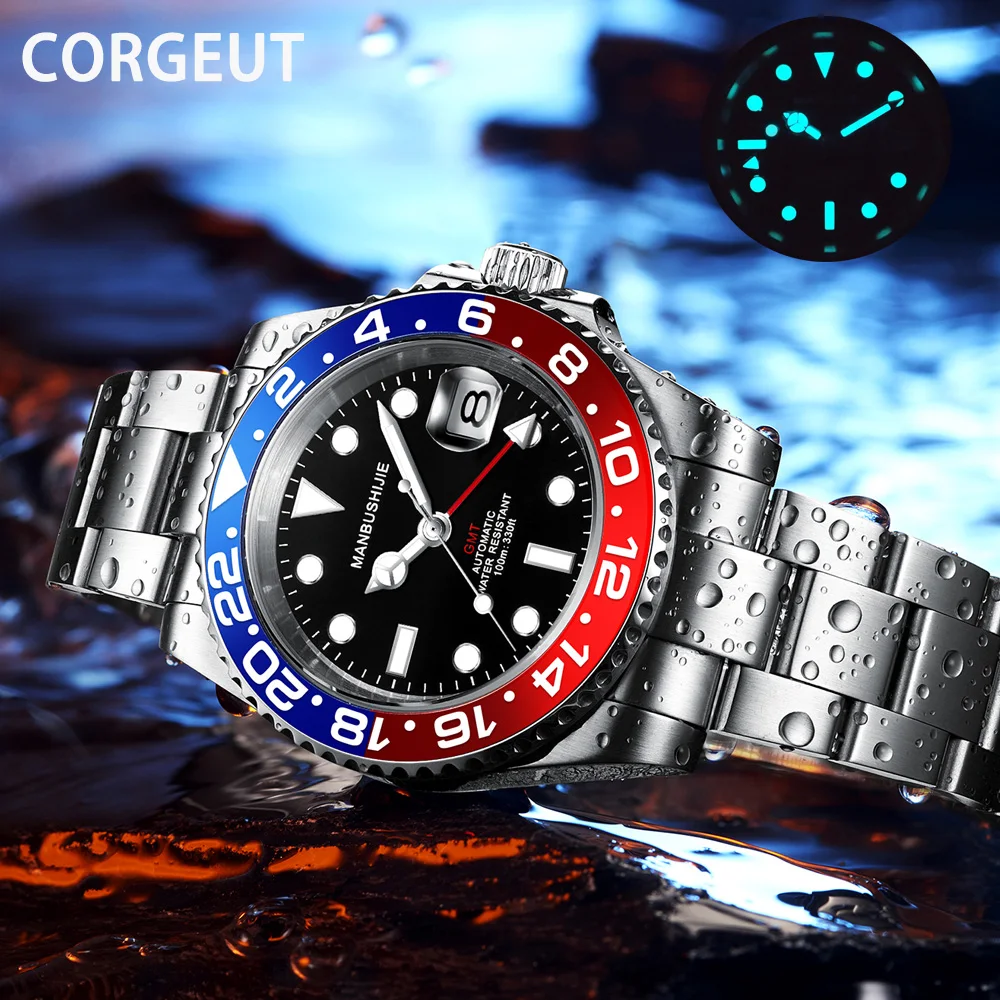 

CORGEUT Fashion Mens Watches GMT Brand Luxury Mechanical Watch Men Calendar Stainless Steel Waterproof Wrist Watch Мужские часы