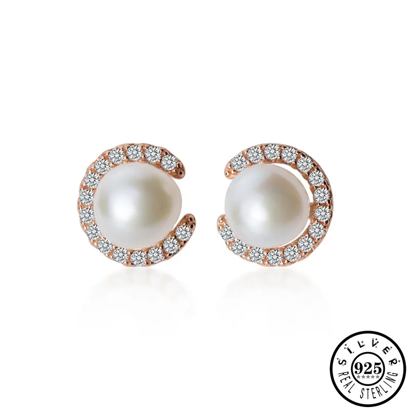 

925 Sterling Silver Cubic Zirconia Letter C Shape Earings Trendy Round White Natural Pearl Studs Earrings Jewelry for Women