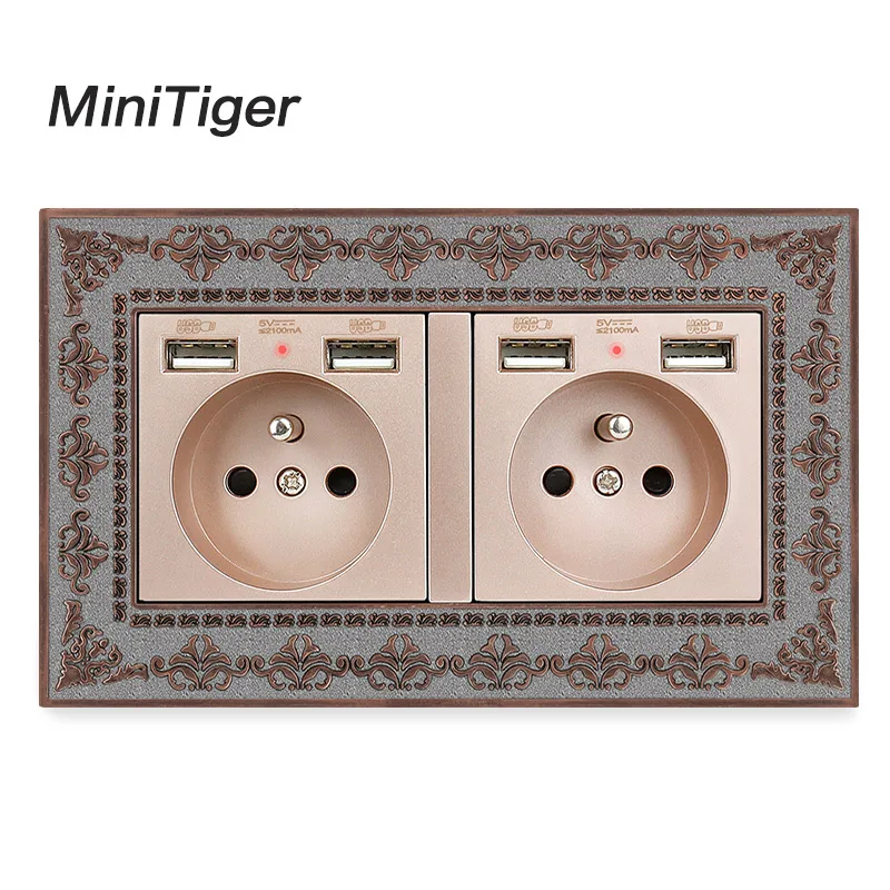 Настенная розетка Minitiger 2 клавиши французская стандартная с 4 USB портами для