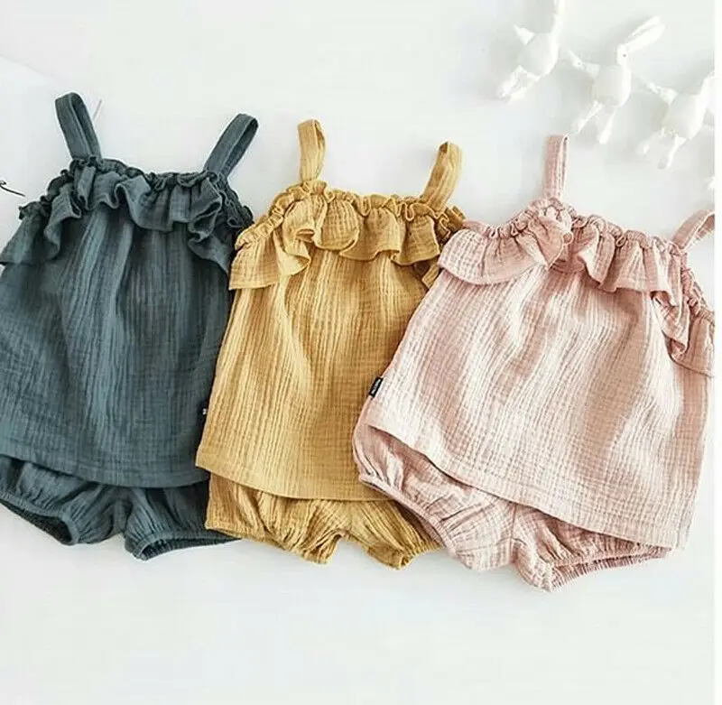 

Summer Kids Girls Clothing Sets Baby Girl Clothes Sleeveless Sling Vest Tops +Shorts 2Pcs Cotton Linen Clothes Casual Suits
