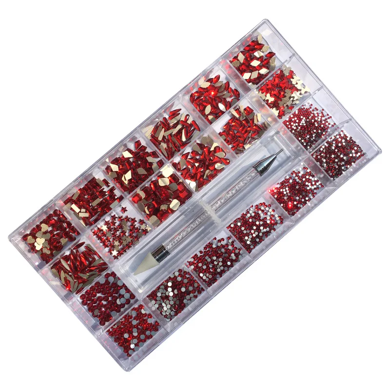 

600/2500Pc/Box Red/AB Color Nail Rhinestones With 1Pcs Dotting Pen Flatback Crystal Multi Shape Nail Art Decoration Glass Stones