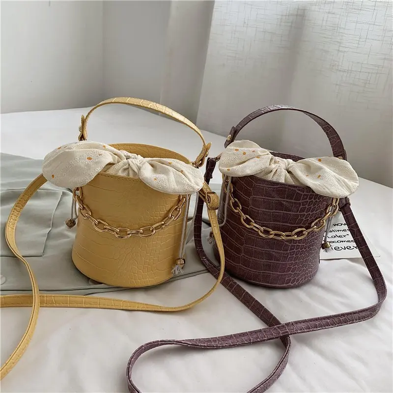 

Vintage Alligator Pattern Women's Bucket Bag Fashion Strap Solid Color One Shoulder Messenger Bag