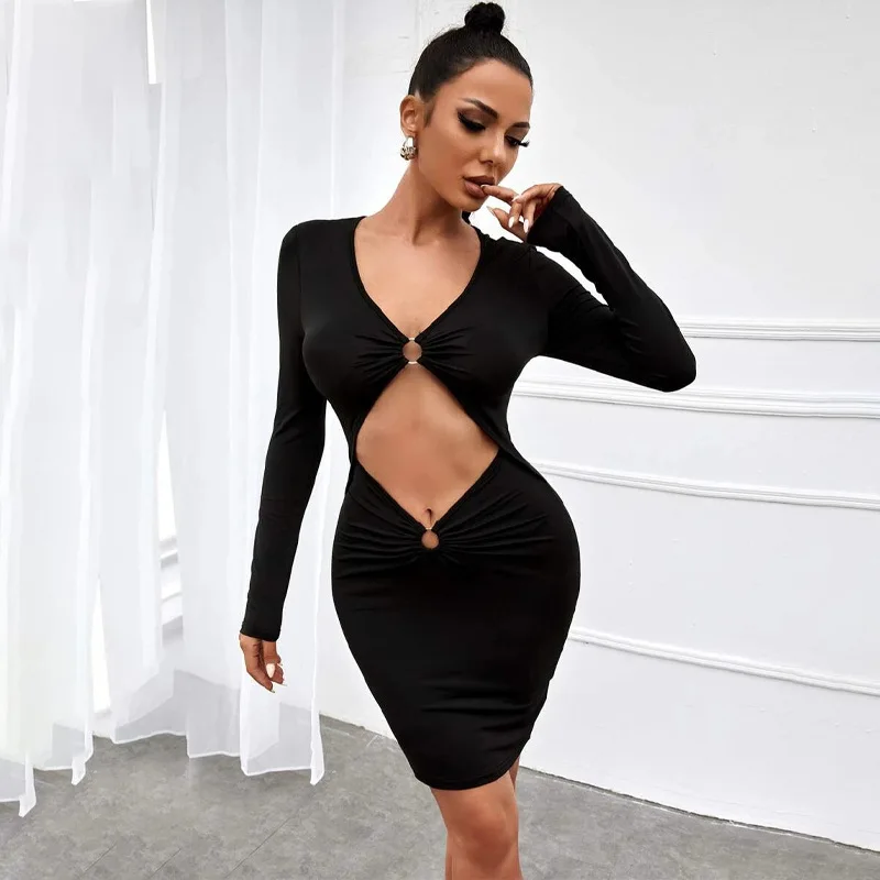 

Bodycon dress for women Square Neck Black Dress Women Elegant Cotton Fashion Side Split Dress Mini Ladies Basic
