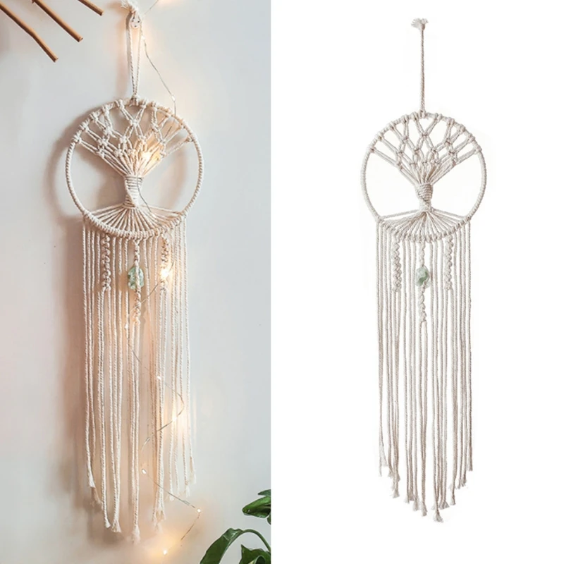 

Woven Macrame Circle Dream Catcher with Green Stone Boho Wall Hanging Tapestry