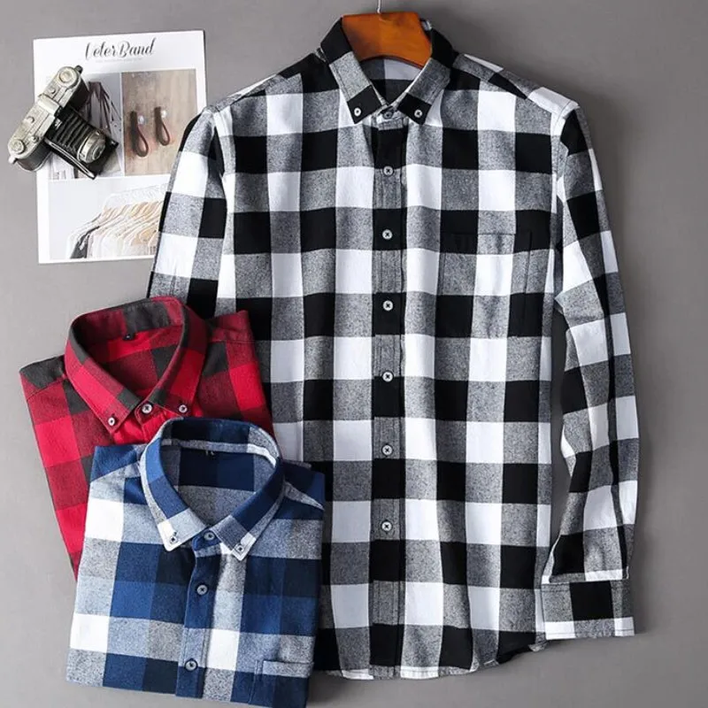 

2021 Spring Autumn 100% Cotton New Male Casual Long Sleeve Shirt Warm Man Clothes Flannel Plaid Shirt Men Plus Size 3XL 4XL