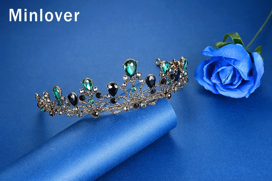 Minlover зеленый кристалл барокко невесты диадемы и короны для женщин Свадебные украшения волос аксессуары королева диадема, Корона повязка на голову