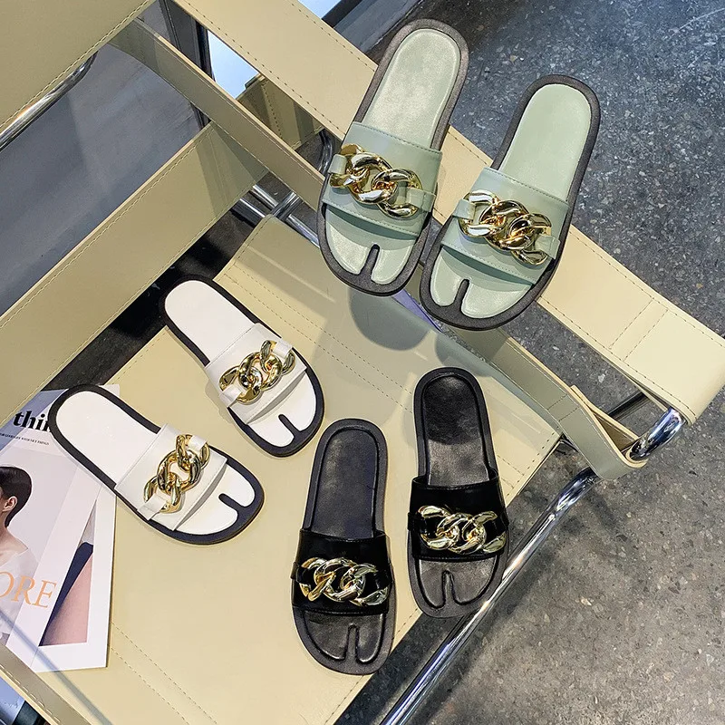 

LMZNH New Casual Style Women Shoes Flat Metal Chain Decoration Light And Fashionable Sandals One-Line Outer Wear Ladies Slippers