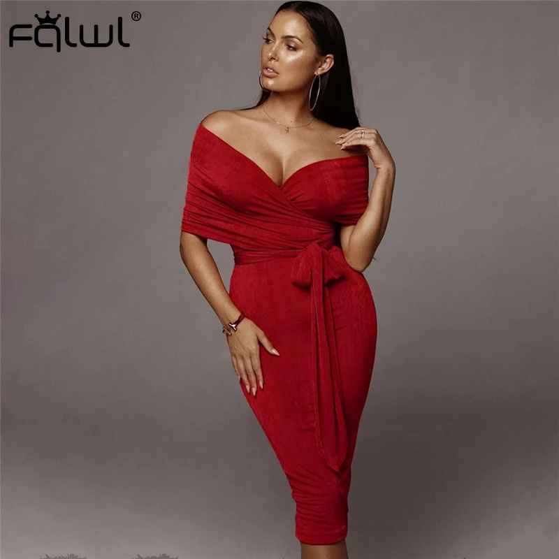 FQLWL Strapless Pink Sexy Bodycon Dress Women Off Shoulder Backless Wrap Midi Autumn Ladies Celebrity Club Party Dresses | Женская