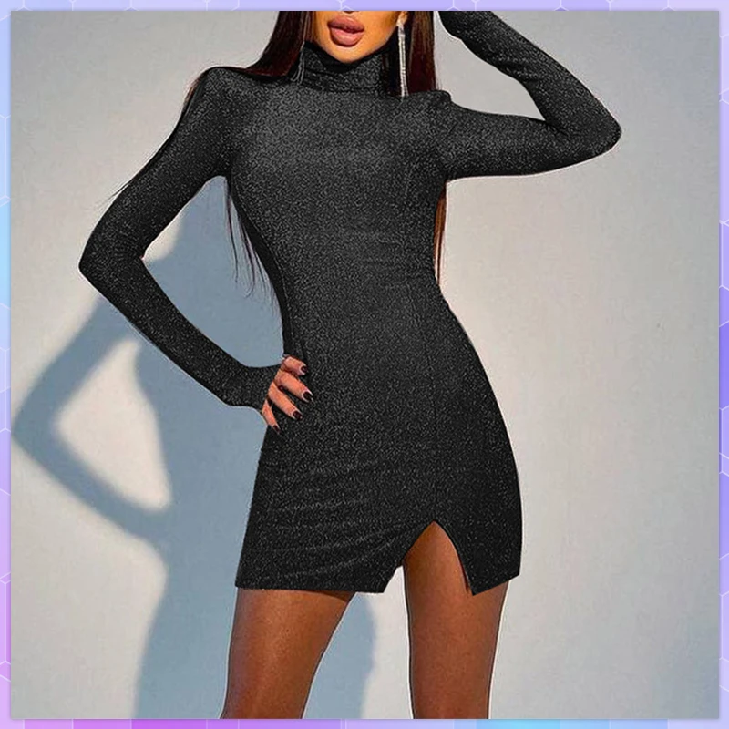 

Bling Glitter Women's Dress Long Sleeve High Neck Slit Mini Dresses Shoulder Pad Bodycon Sexy Party Elegant Evening Vestidos