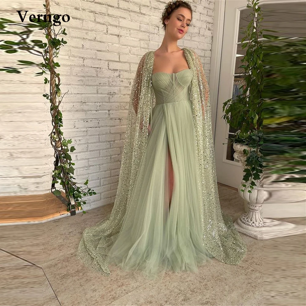 

Verngo 2022 New Light Sage Green Tulle Prom Dresses With Long Glitter Jacket Sweetheart Side Slit Evening Gowns Robe de soiree