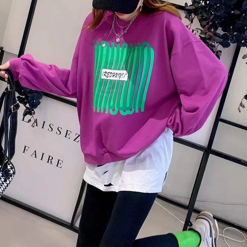 

2021 Women Long Sleeve Cotton Tracksuit Sports Sweatshirt Casual Printed Pullover Female Loose Jumper Fashion Clothes