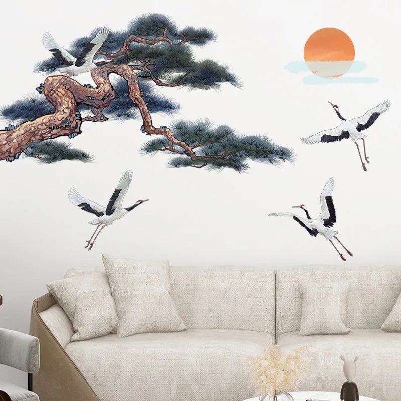 

Chinese Style White Crane Pine Wall Sticker Home Decor Living room Bedroom Sofa TV Background Decals Wallpapers Murals Posters
