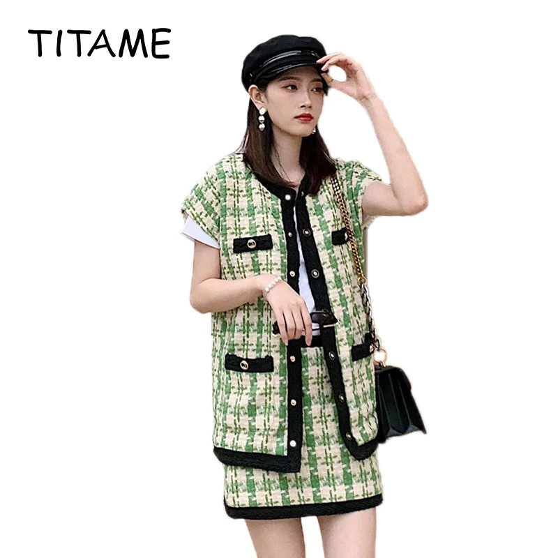 TITAME Women Two Piece Jacket Set Tweed Slim Plaid Skirt Single-breasted Short Sleeve Coat Mini Skirts Suit | Женская одежда