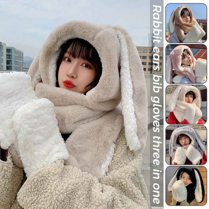 Модный шарф 3 в 1 шапка перчатка женский милый пушистый большой кролик с ушками