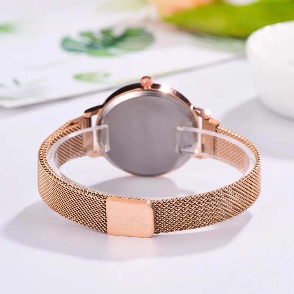 Простой сетчатый циферблат женские часы креативные розовое золото черный цвет