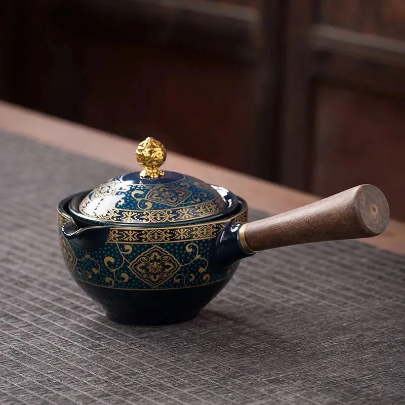 Tetera de cer&aacute;mica con mango de madera, olla con mango lateral, filtro de Kung Fu Oolong para el hogar, fabricante de t&eacute;, cer&aacute;mica negra creativa, regalos-3